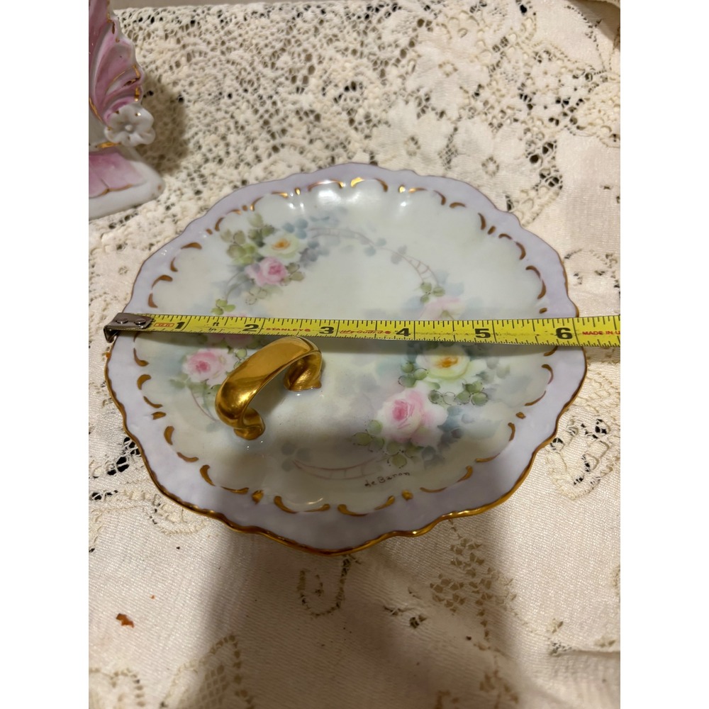 Vintage Hand Painted deBaron Porcelain Nappy Dish Gold Gilt Floral Roses 6"